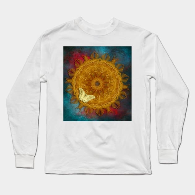 Magical fire mandala and gold butterfly Long Sleeve T-Shirt by hereswendy
